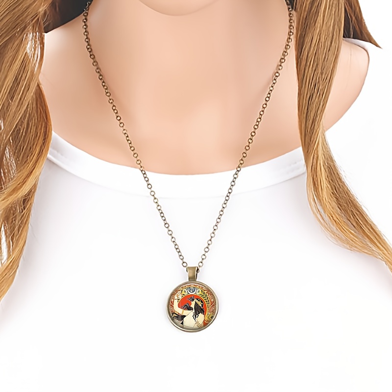 Brown Metal Classic Chain Necklace with Colorful Pattern Medallion